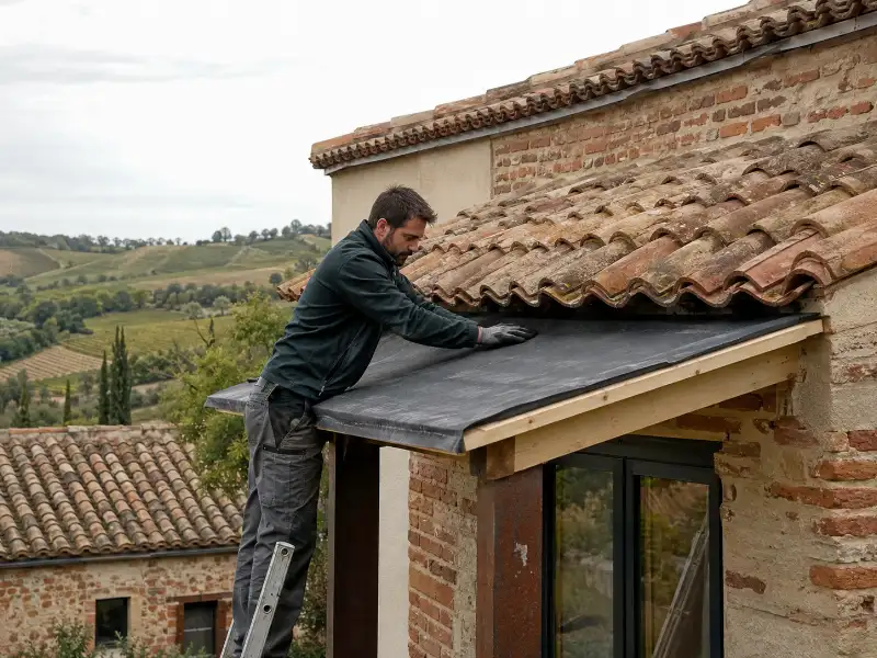 Extension à faible pente couverte en tuile, avec remontée d'eau visible