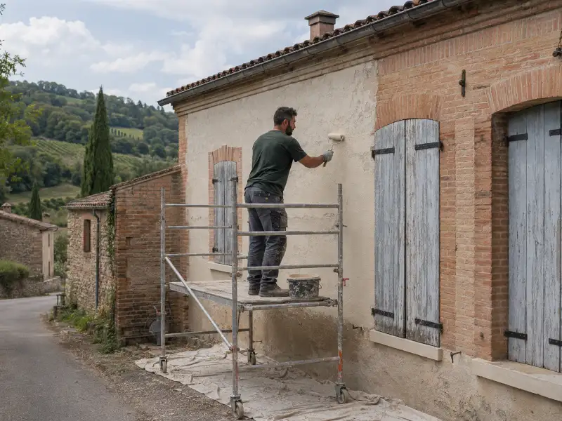 Volets bois repeints sur une façade de maison du Tarn