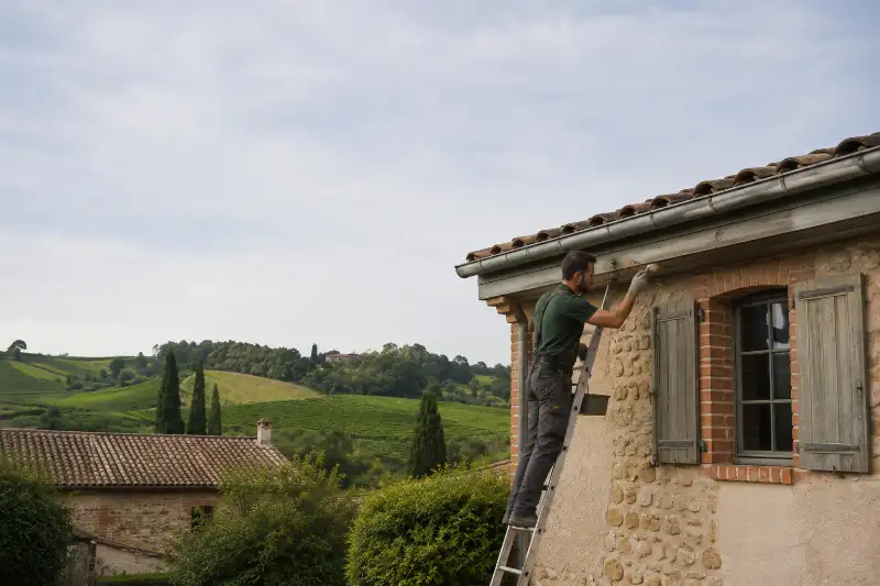 Toiture de corps de ferme exposée au vent sur le plateau de Salvagnac
